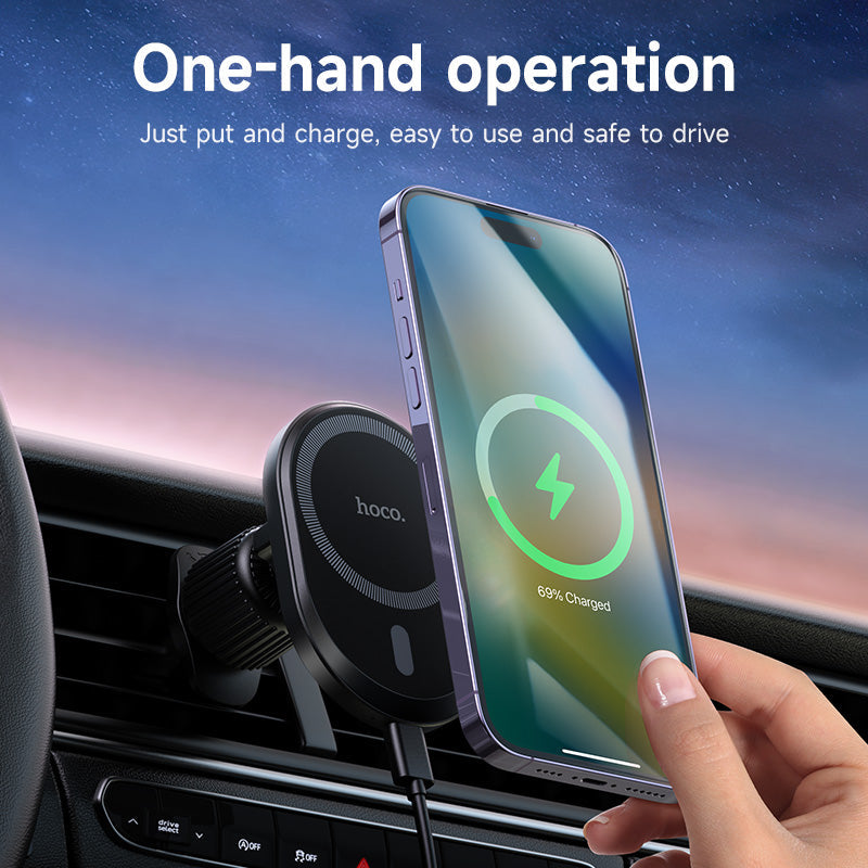 Hoco 15W All in 1 Magnetic Wireless Charging Car Holder MagSafe Compatible Fast Charge Black DCA71