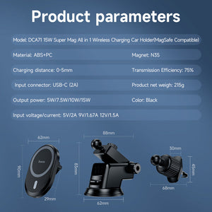 Hoco 15W All in 1 Magnetic Wireless Charging Car Holder MagSafe Compatible Fast Charge Black DCA71