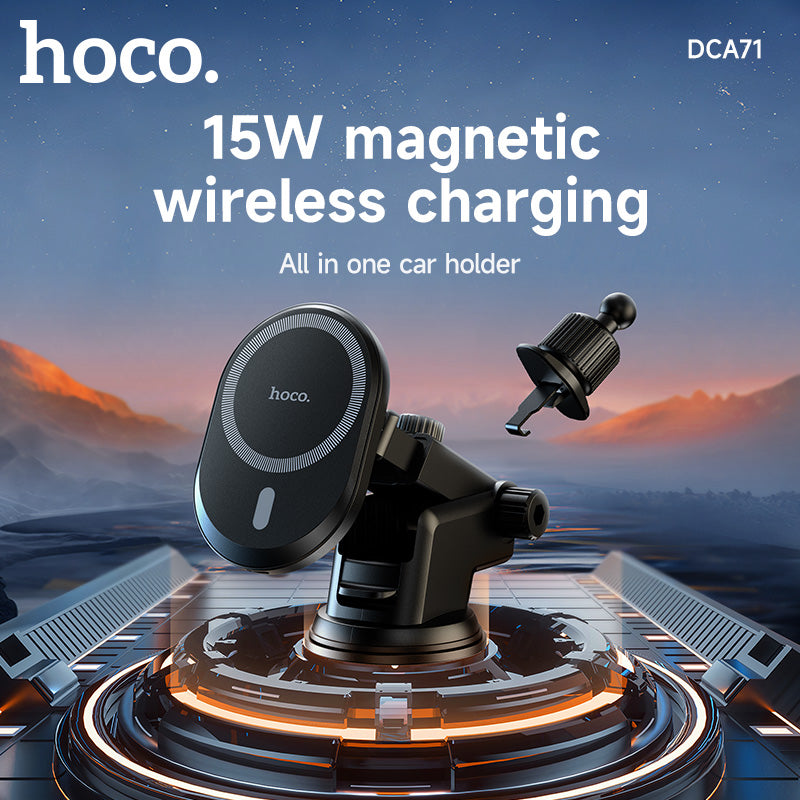 Hoco 15W All in 1 Magnetic Wireless Charging Car Holder MagSafe Compatible Fast Charge Black DCA71