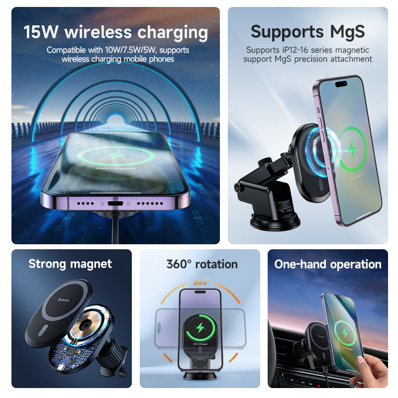 Hoco 15W All in 1 Magnetic Wireless Charging Car Holder MagSafe Compatible Fast Charge Black DCA71