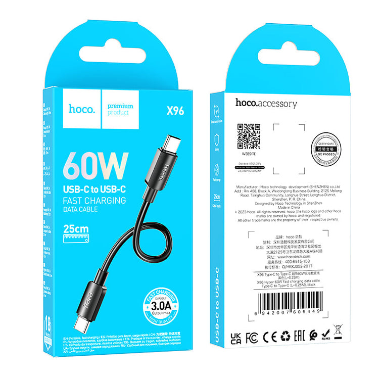Hoco USB-C Fast Charging Data Cable with 27W Power Delivery, Compact 25cm