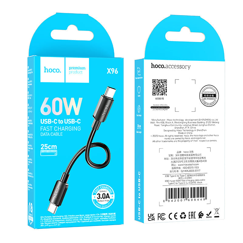 Hoco USB-C Fast Charging Data Cable with 27W Power Delivery, Compact 25cm