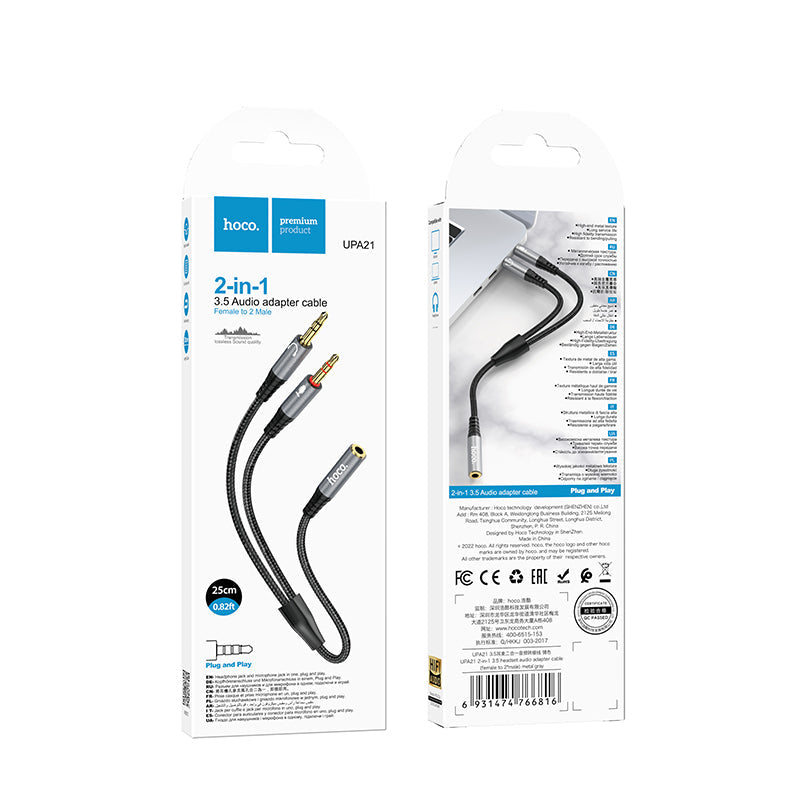 Hoco 3.5mm Splitter Audio Adapter Cable 2-in-1 Converter 2 Female to 1 Male UPA21