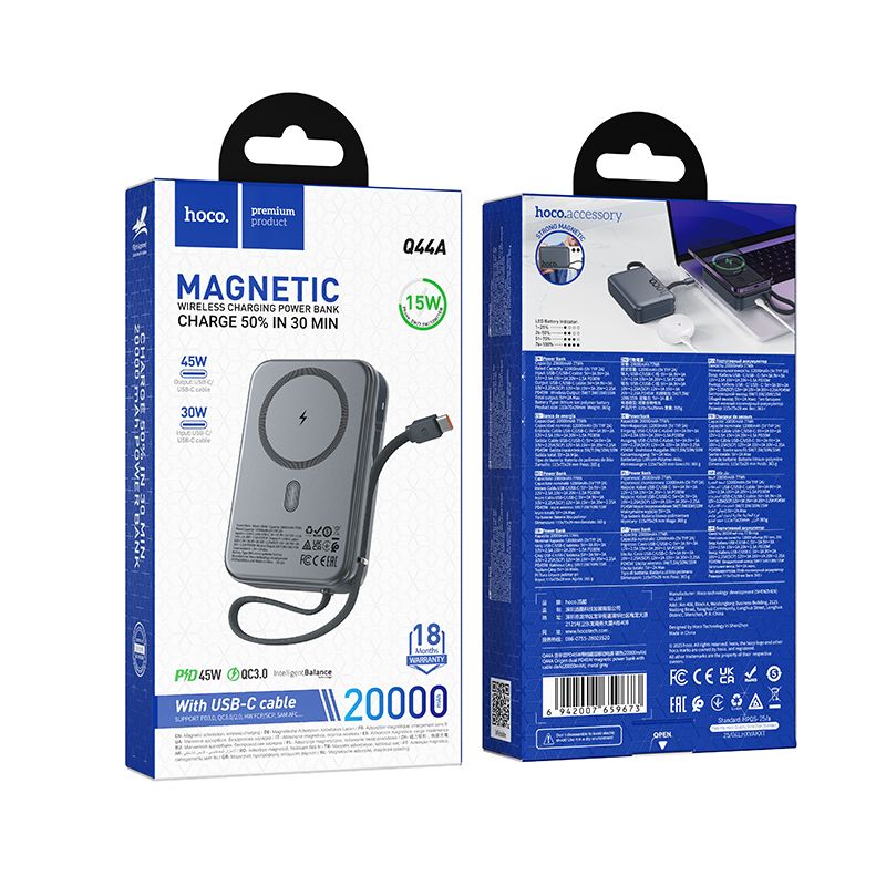 Hoco 20000mAh Magnetic Magsafe Power Bank PD45W Fast Charging with Cable Q44A