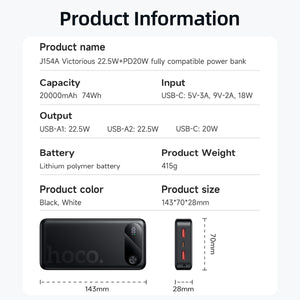 Hoco 20000mAh 22.5W PD20W Fast Charging Power Bank CCC Certified J154A