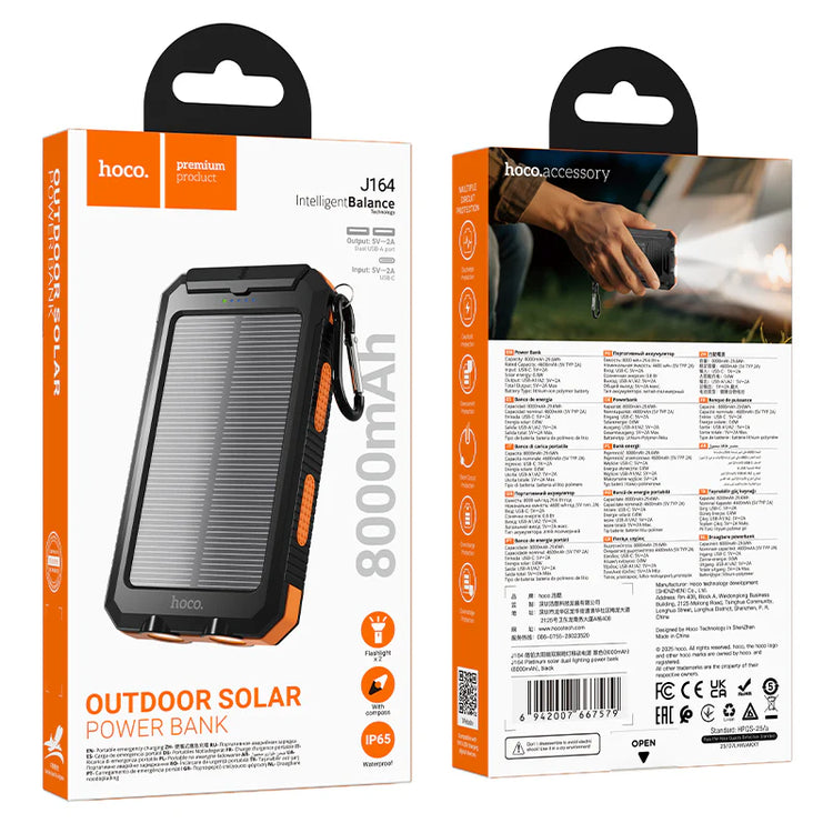 Hoco 8000mAh Solar Power Bank with Dual LED Lights Outdoor Charger Black J164