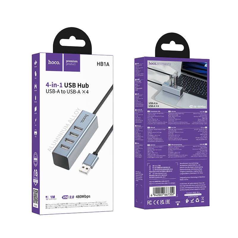 Hoco 4-in-1 USB Hub with 4x USB 2.0 Ports for Laptop, Desktop and Travel Use