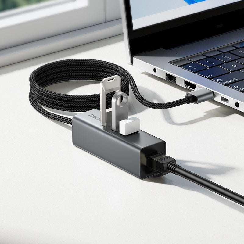 Hoco 4-in-1 USB Hub with 3x USB 2.0 Ports and RJ45 Ethernet for Laptops