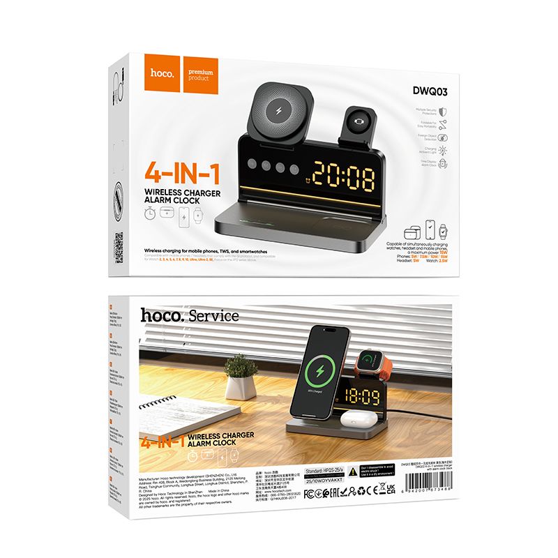 Hoco 4-in-1 Wireless Charger Alarm Clock Fast Charging Stand DWQ03