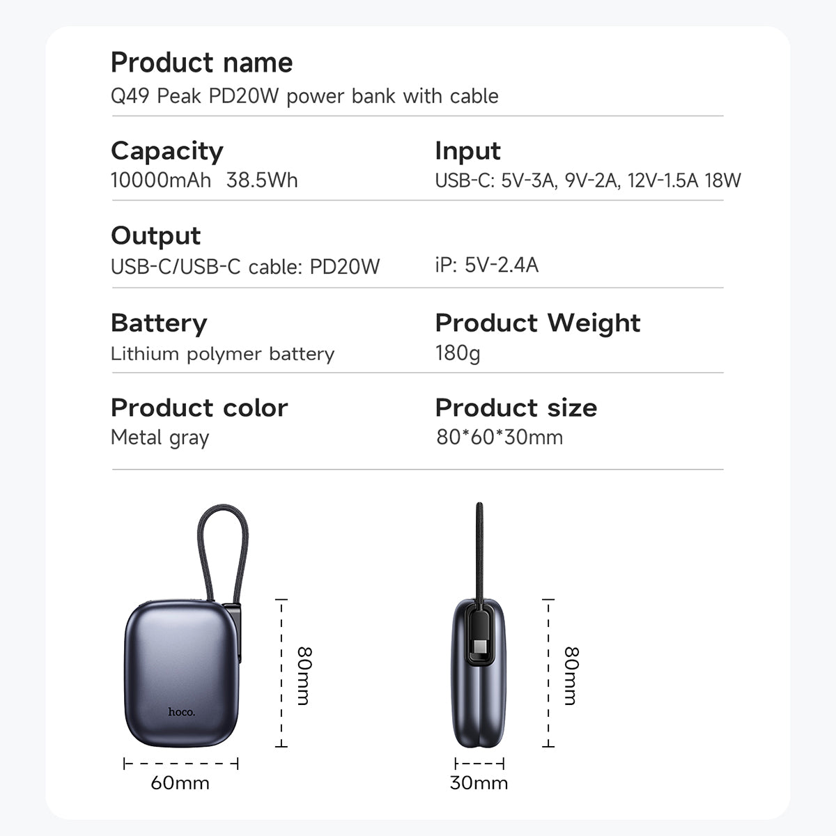 Hoco 10000mAh Compact Power Bank PD20W CCC Certified Super Small Built-In Cable Q49