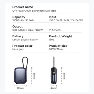 Hoco 10000mAh Compact Power Bank PD20W CCC Certified Super Small Built-In Cable Q49