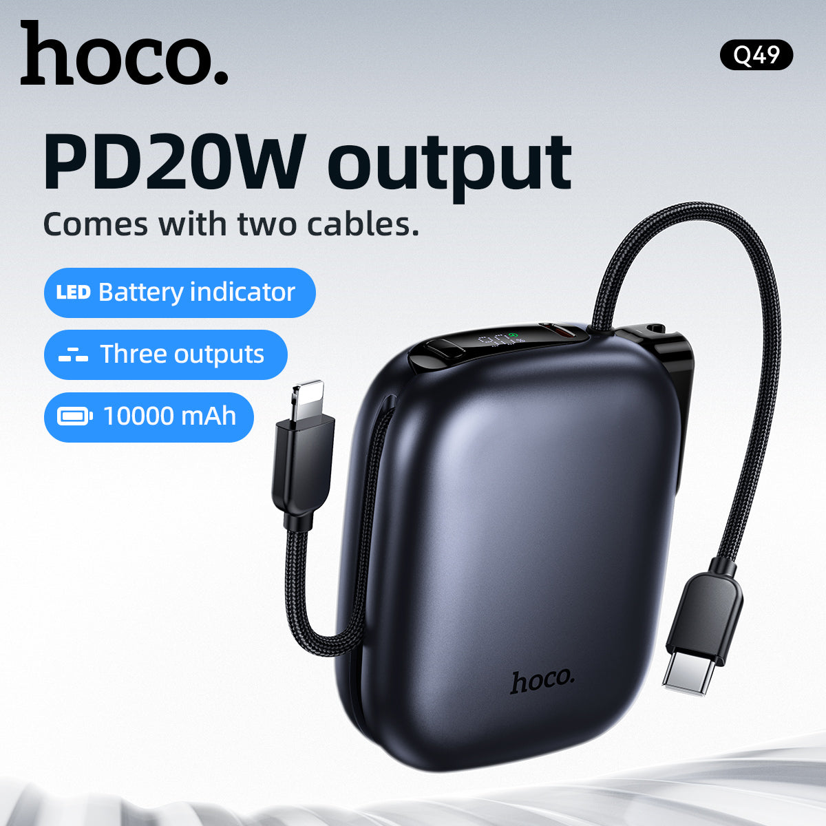 Hoco 10000mAh Compact Power Bank PD20W CCC Certified Super Small Built-In Cable Q49