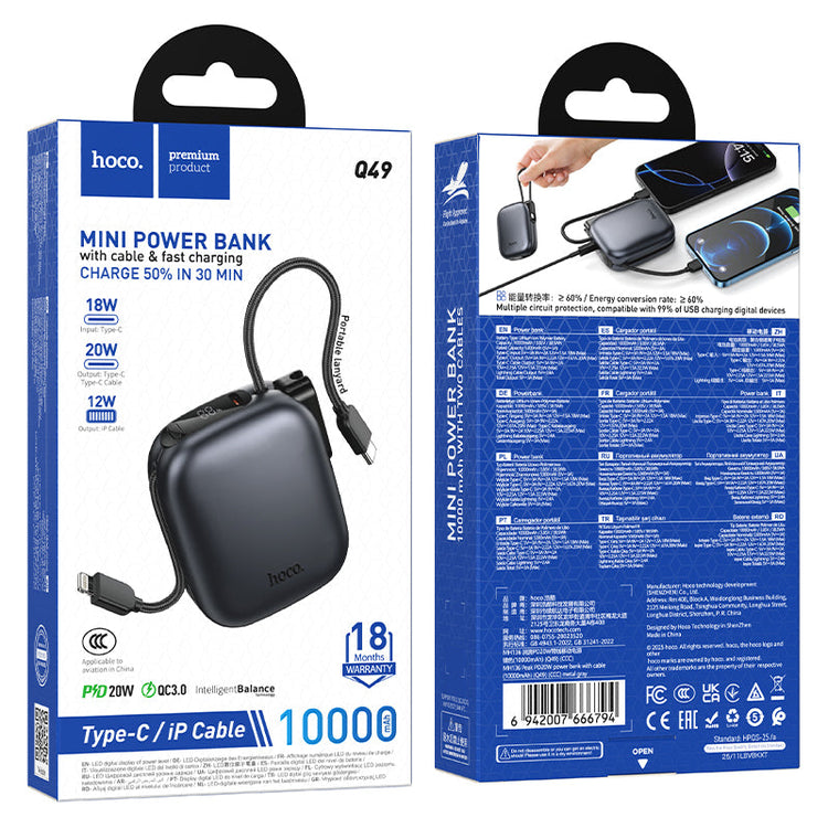 Hoco 10000mAh Compact Power Bank PD20W CCC Certified Super Small Built-In Cable Q49