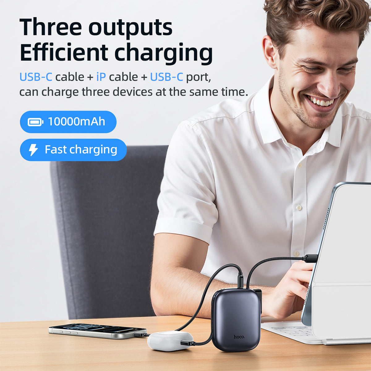 Hoco 10000mAh Compact Power Bank PD20W CCC Certified Super Small Built-In Cable Q49