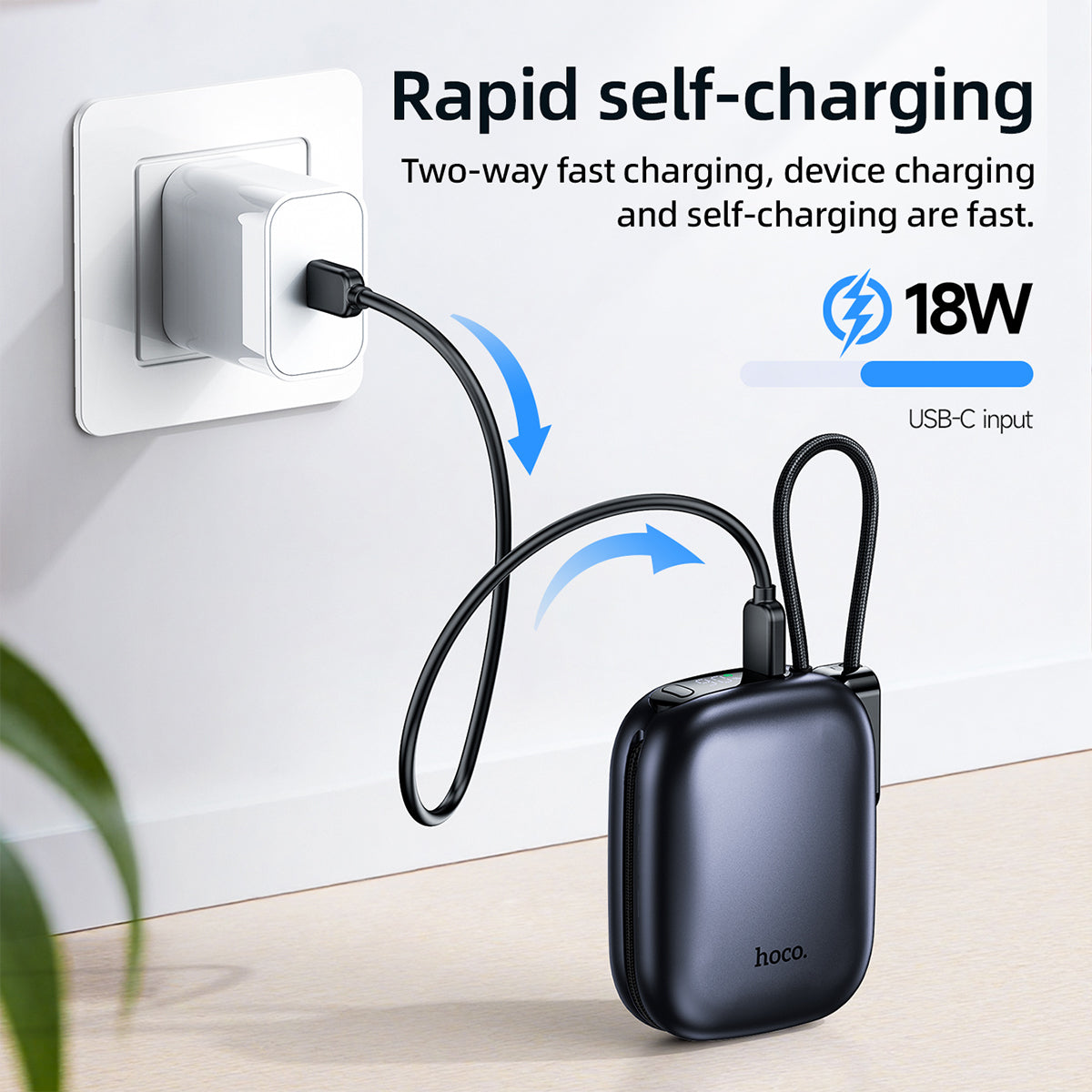 Hoco 10000mAh Compact Power Bank PD20W CCC Certified Super Small Built-In Cable Q49