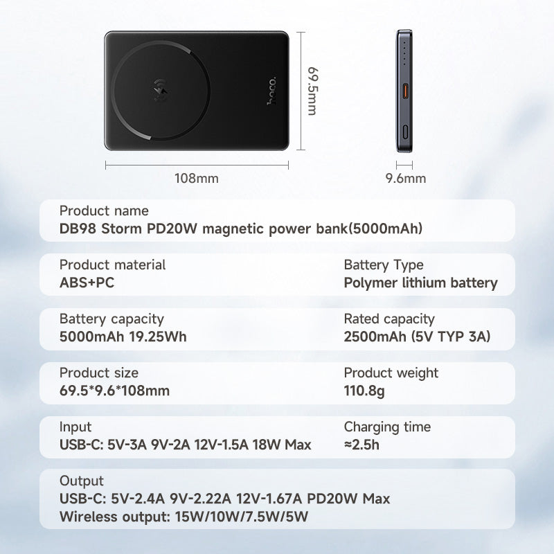 Hoco 5000mAh 20W Thin Storm Magnetic Wireless Power Bank MagSafe Slim Design DB98