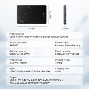 Hoco 5000mAh 20W Thin Storm Magnetic Wireless Power Bank MagSafe Slim Design DB98