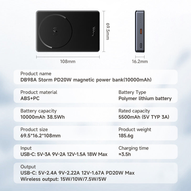 Hoco 10000mAh PD20W Thin Storm Magnetic Wireless Power Bank MagSafe Slim DB98A