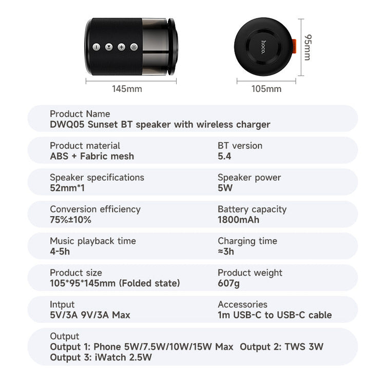Hoco 4-in-1 Bluetooth Speaker 15W Magnetic Wireless Charger and Ambient Light DWQ05