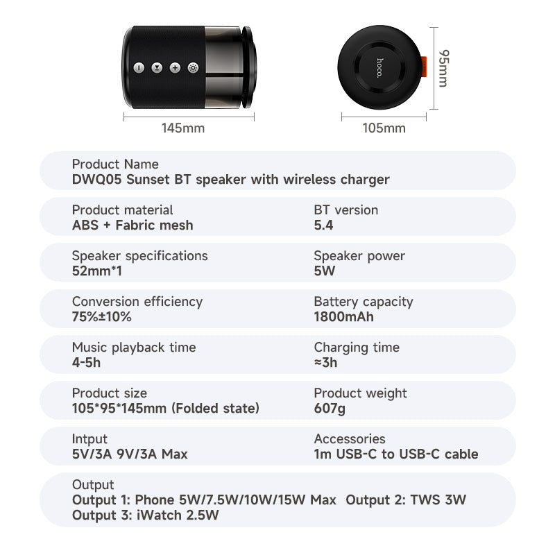 Hoco 4-in-1 Bluetooth Speaker 15W Magnetic Wireless Charger and Ambient Light DWQ05