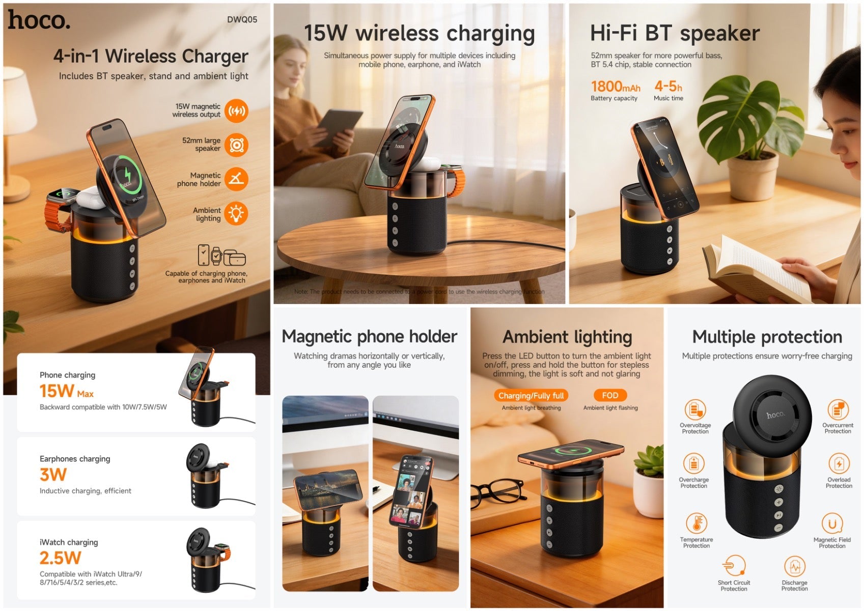 Hoco 4-in-1 Bluetooth Speaker 15W Magnetic Wireless Charger and Ambient Light DWQ05