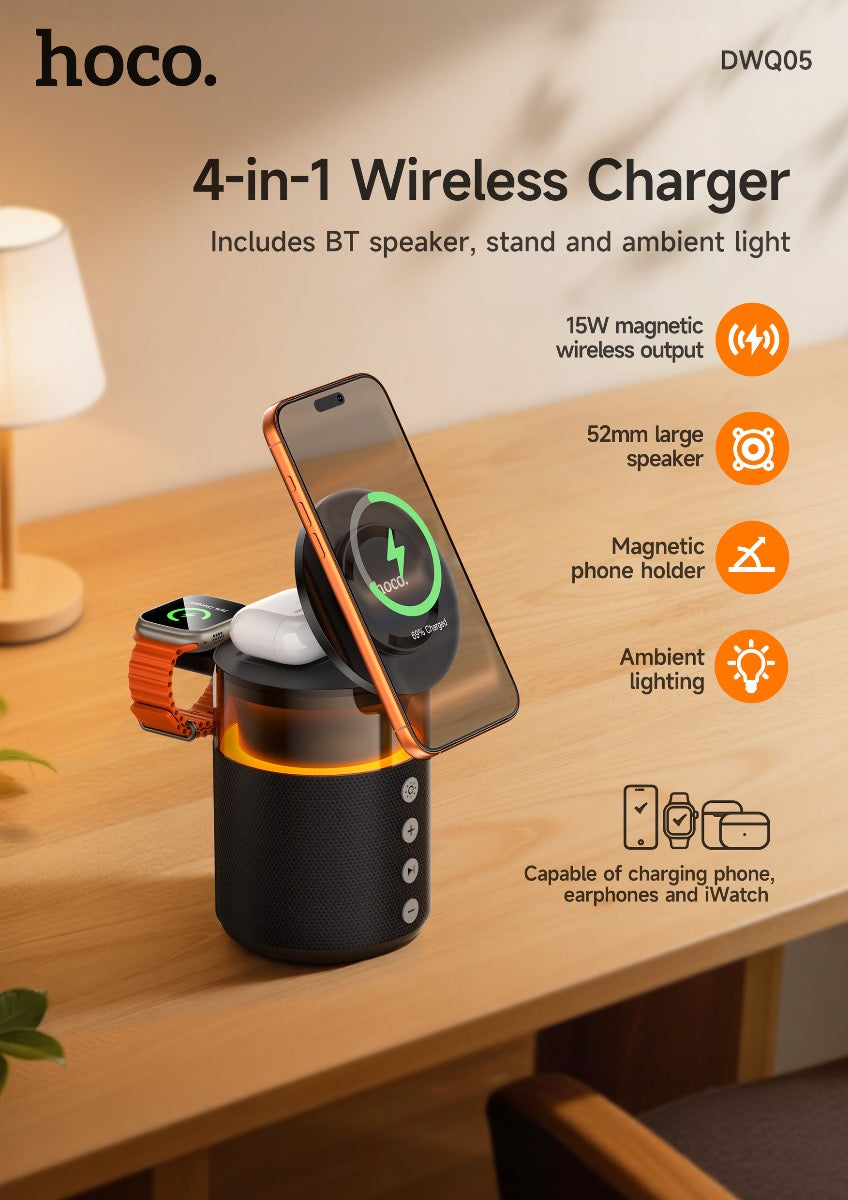 Hoco 4-in-1 Bluetooth Speaker 15W Magnetic Wireless Charger and Ambient Light DWQ05
