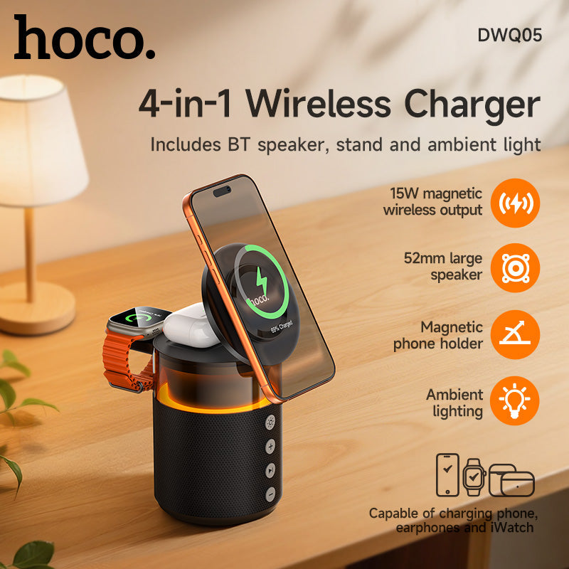 Hoco 4-in-1 Bluetooth Speaker 15W Magnetic Wireless Charger and Ambient Light DWQ05