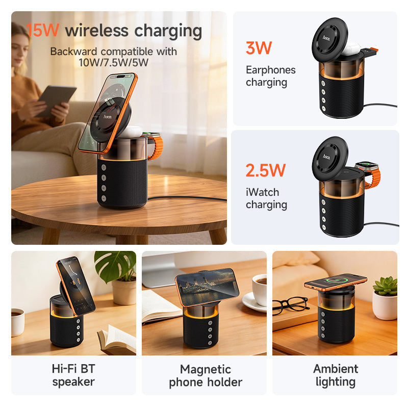 Hoco 4-in-1 Bluetooth Speaker 15W Magnetic Wireless Charger and Ambient Light DWQ05