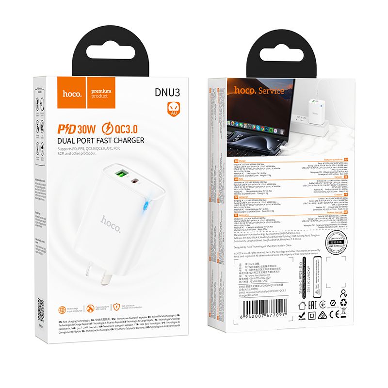 Hoco GaN PD30W QC3.0 Charger AU Plug Dual Port Fast Charging DNU3