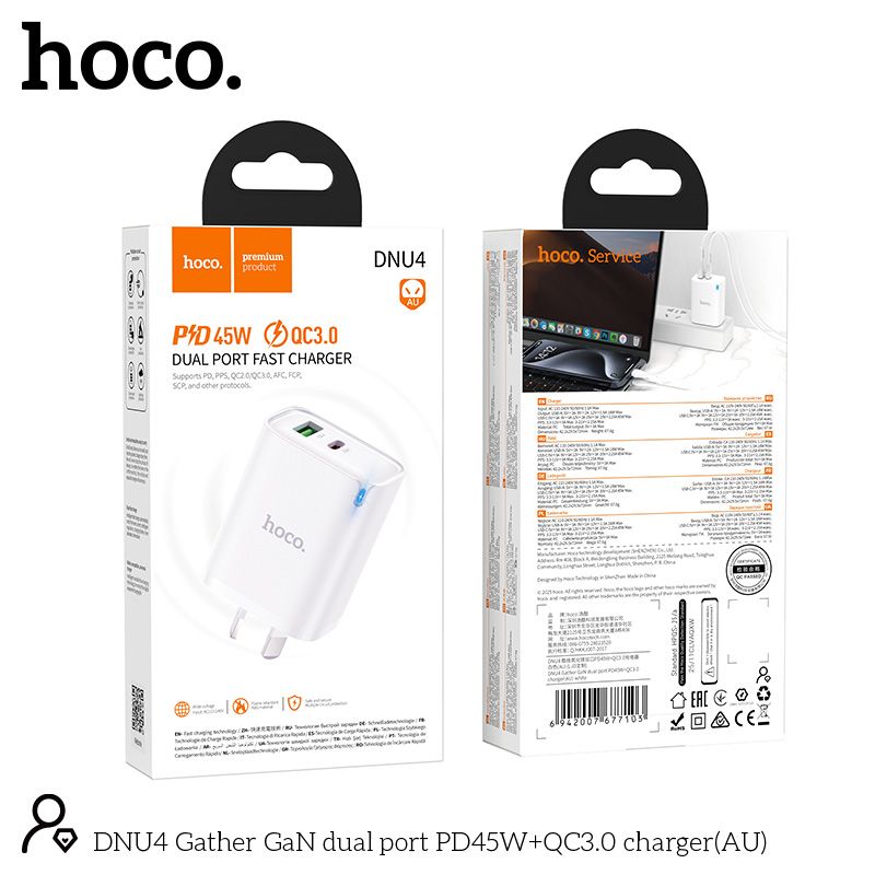 Hoco GaN PD45W QC3.0 Charger AU Plug Dual Port Fast Charging DNU4