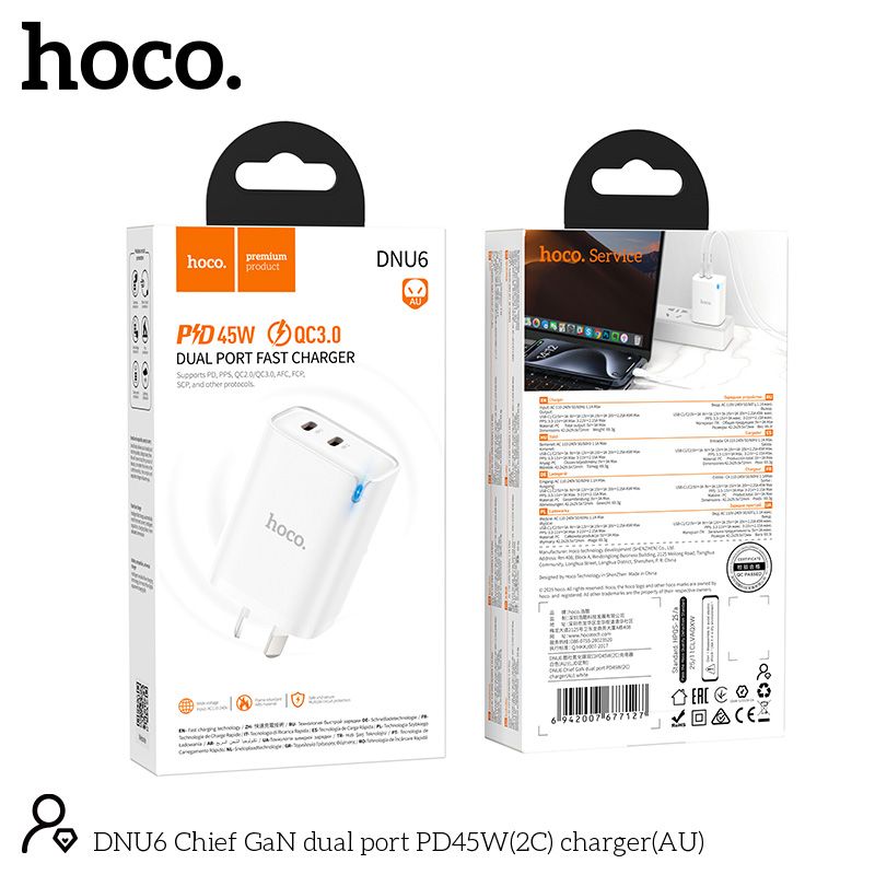 Hoco GaN PD45W Charger AU Plug Dual USB-C Fast Charging Adapter DNU6