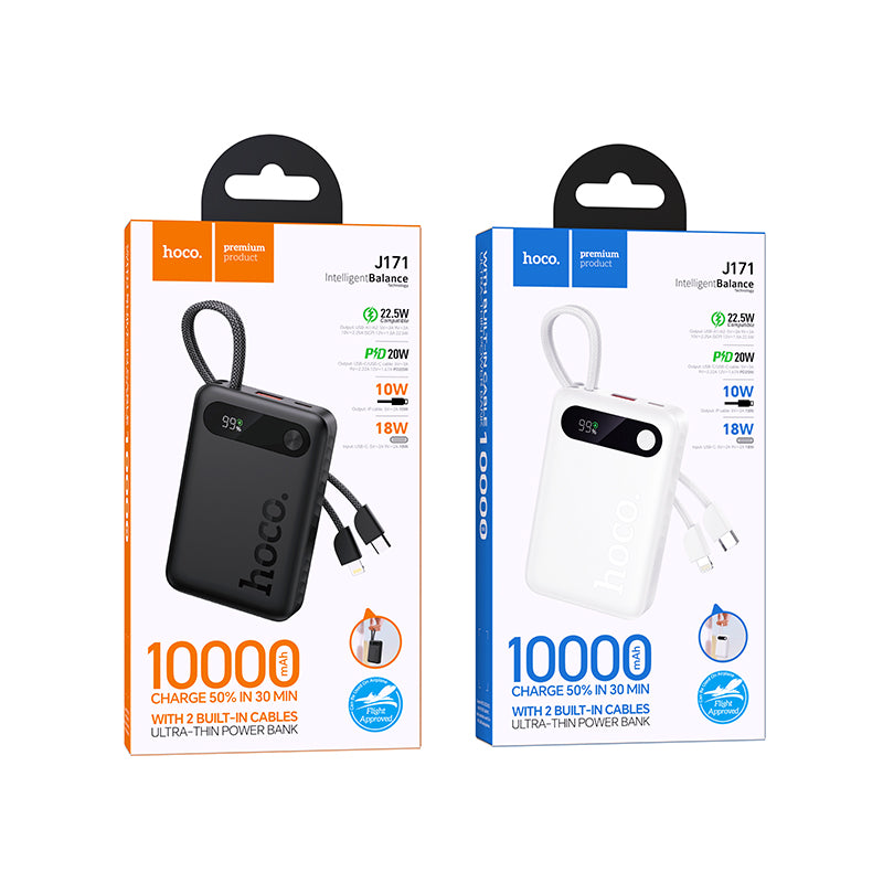Hoco 10000mAh Slim Power Bank with Built-In USB-C & Lightning Cables 22.5W Fast Charging