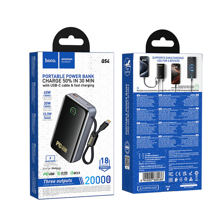 Hoco 20000mAh Power Bank PD45W Fast Charging High Capacity with Built-In Cable Q54