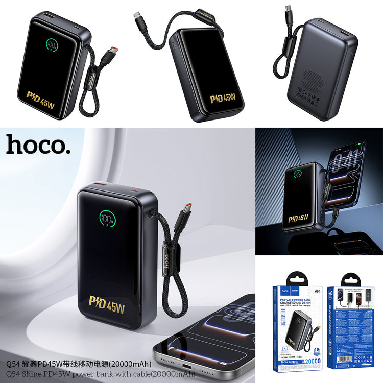 Hoco 20000mAh Power Bank PD45W Fast Charging High Capacity with Built-In Cable Q54