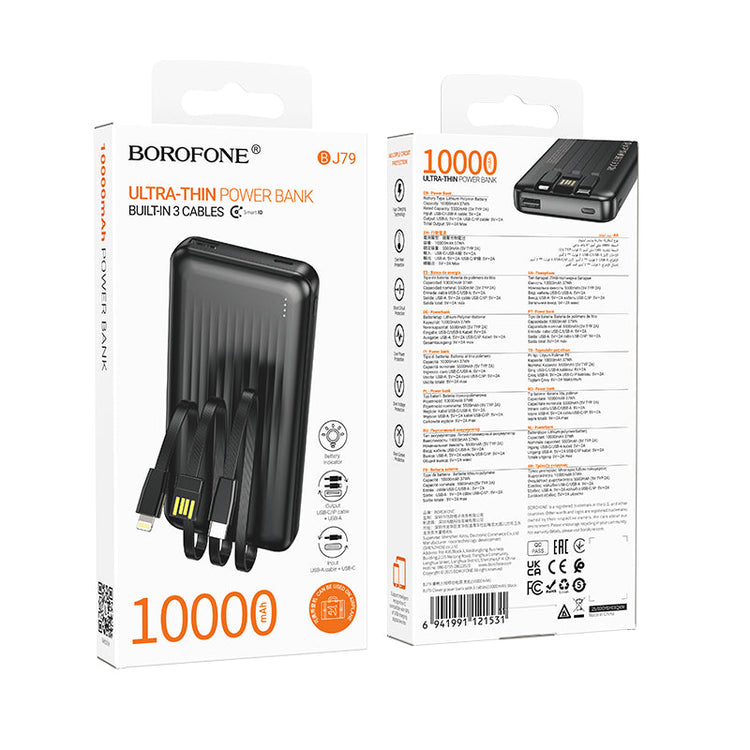 BOROFONE 10000mAh Power Bank with 3 Built-In Cables Fast Charging Portable Charger