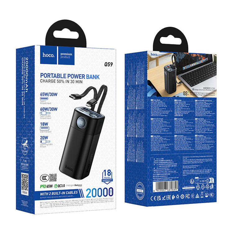 Hoco 20000mAh Power Bank 65W PD CCC Certified Fast Charging Two Built-In Cables Q59
