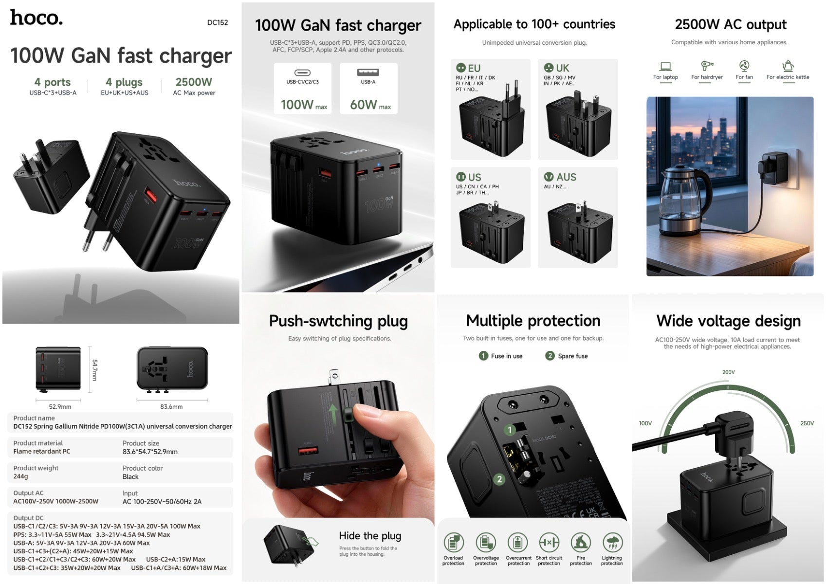 Hoco 100W GaN Fast Charger 3-Port USB-C 1-Port USB-A Universal Wall Charger DC152