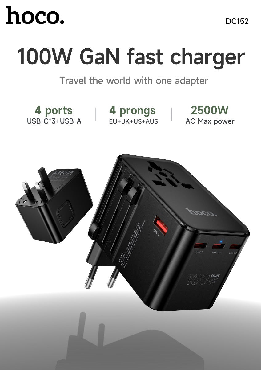 Hoco 100W GaN Fast Charger 3-Port USB-C 1-Port USB-A Universal Wall Charger DC152