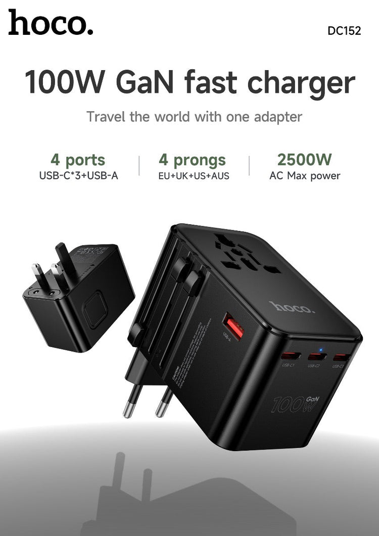 Hoco 100W GaN Fast Charger 3-Port USB-C 1-Port USB-A Universal Wall Charger DC152