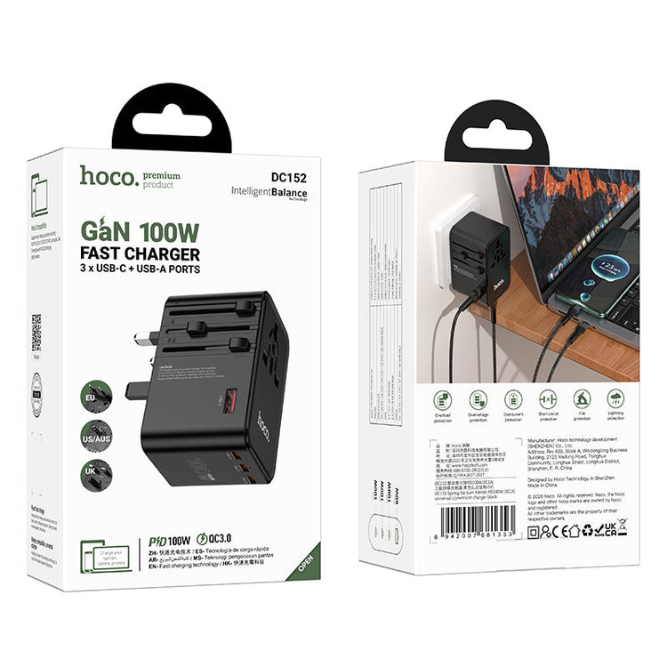 Hoco 100W GaN Fast Charger 3-Port USB-C 1-Port USB-A Universal Wall Charger DC152