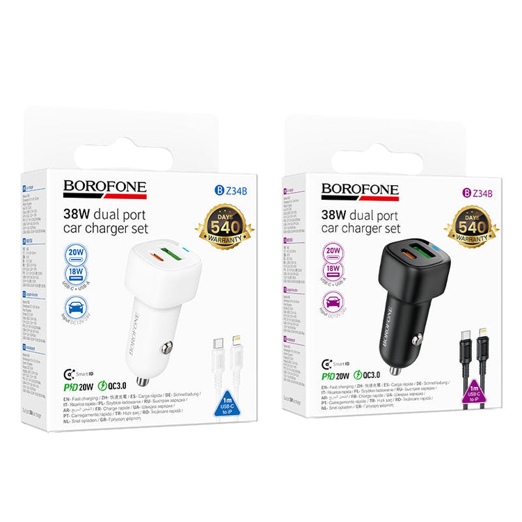 Borofone PD38W Dual Port Car Charger Set with USB-C to Lightning Cable