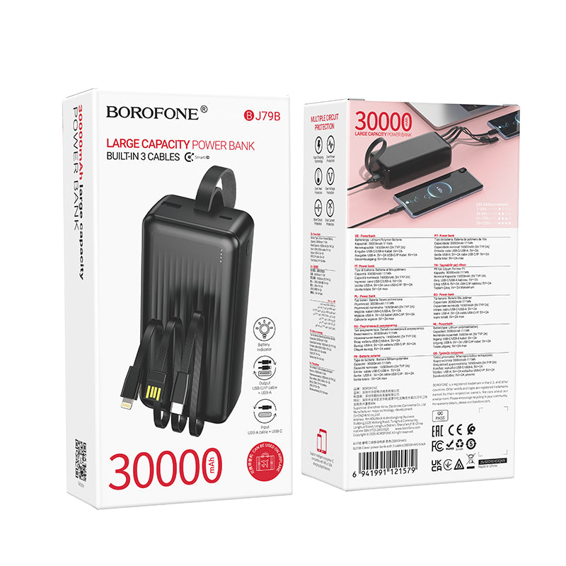 BOROFONE 30000mAh Power Bank with 3 Built-In Cables Fast Charging Portable Charger