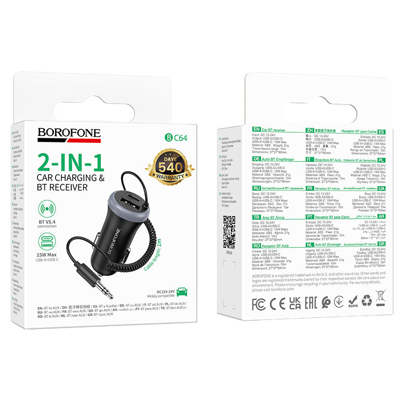 Borofone Dual-Port Car Bluetooth Receiver with Built-In Charging Cable