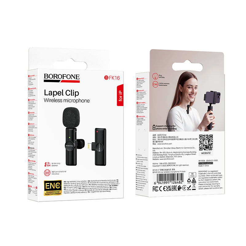 Borofone Wireless Clip-On Lavalier Microphone with USB-C Connector for Video Recording