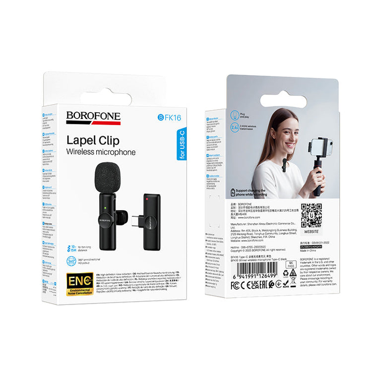 Borofone Wireless Clip-On Lavalier Microphone with USB-C Connector for Video Recording
