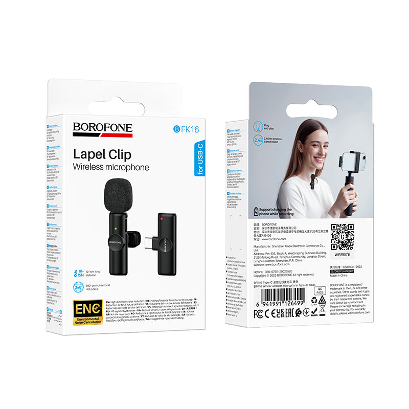 Borofone Wireless Clip-On Lavalier Microphone with USB-C Connector for Video Recording