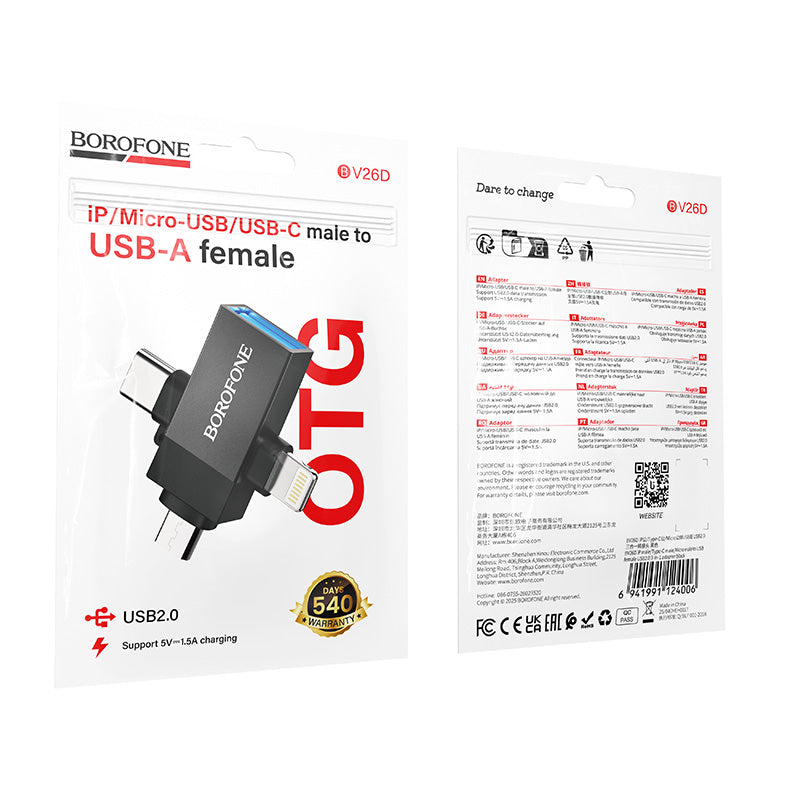 Borofone 3-in-1 Lightning, USB-C and Micro-USB to USB-A OTG Adapter