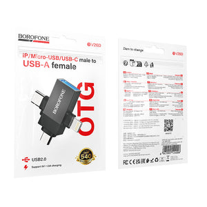 Borofone 3-in-1 Lightning, USB-C and Micro-USB to USB-A OTG Adapter