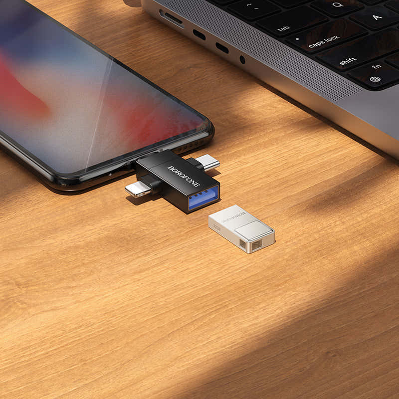 Borofone 3-in-1 Lightning, USB-C and Micro-USB to USB-A OTG Adapter