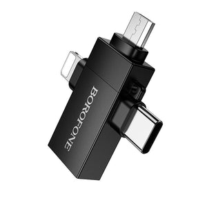 Borofone 3-in-1 Lightning, USB-C and Micro-USB to USB-A OTG Adapter